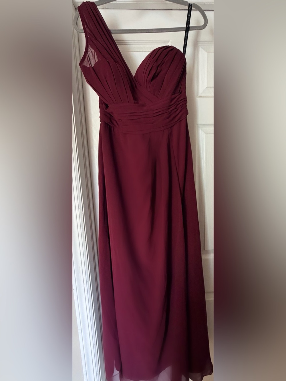 Bill Levkoff Burgundy Chiffon One Shoulder Gown with Pleated Boddicr